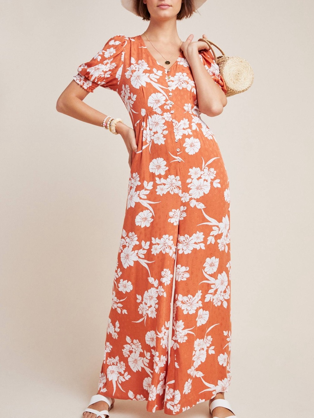 Anthropologie Dolan Nancy Jumpsuit Womens Sz S Rust Floral Wide Leg Boho Button